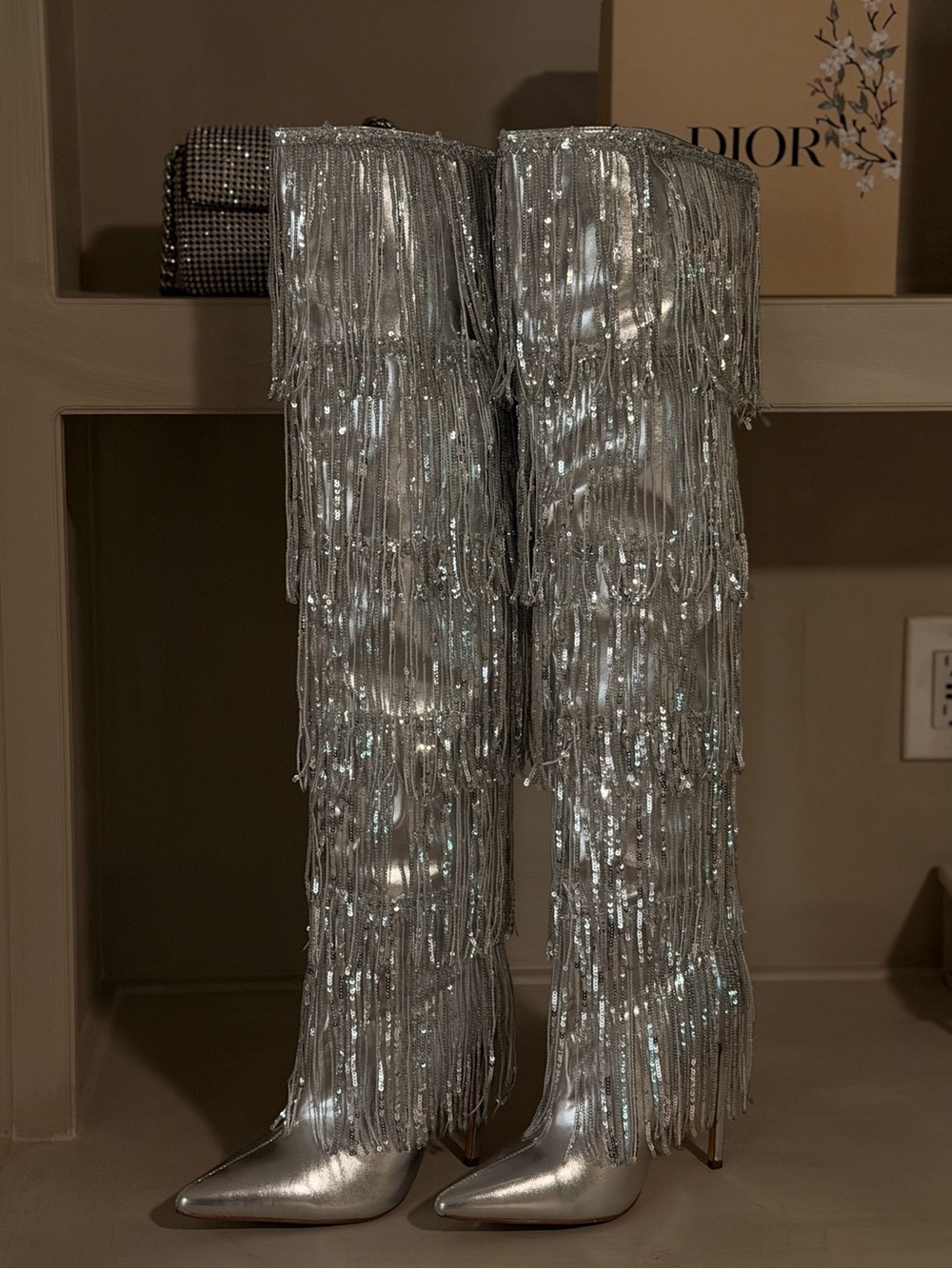 Designer Silver Fringe Knee-High Boots - Azalea Wang